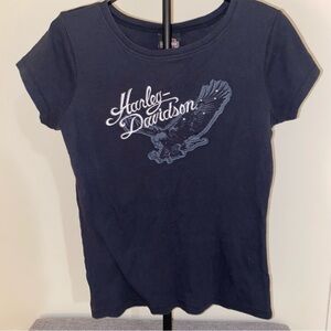 Harley-Davidson Y2K Black Baby Tee with Eagle Design Embroidery Size Large